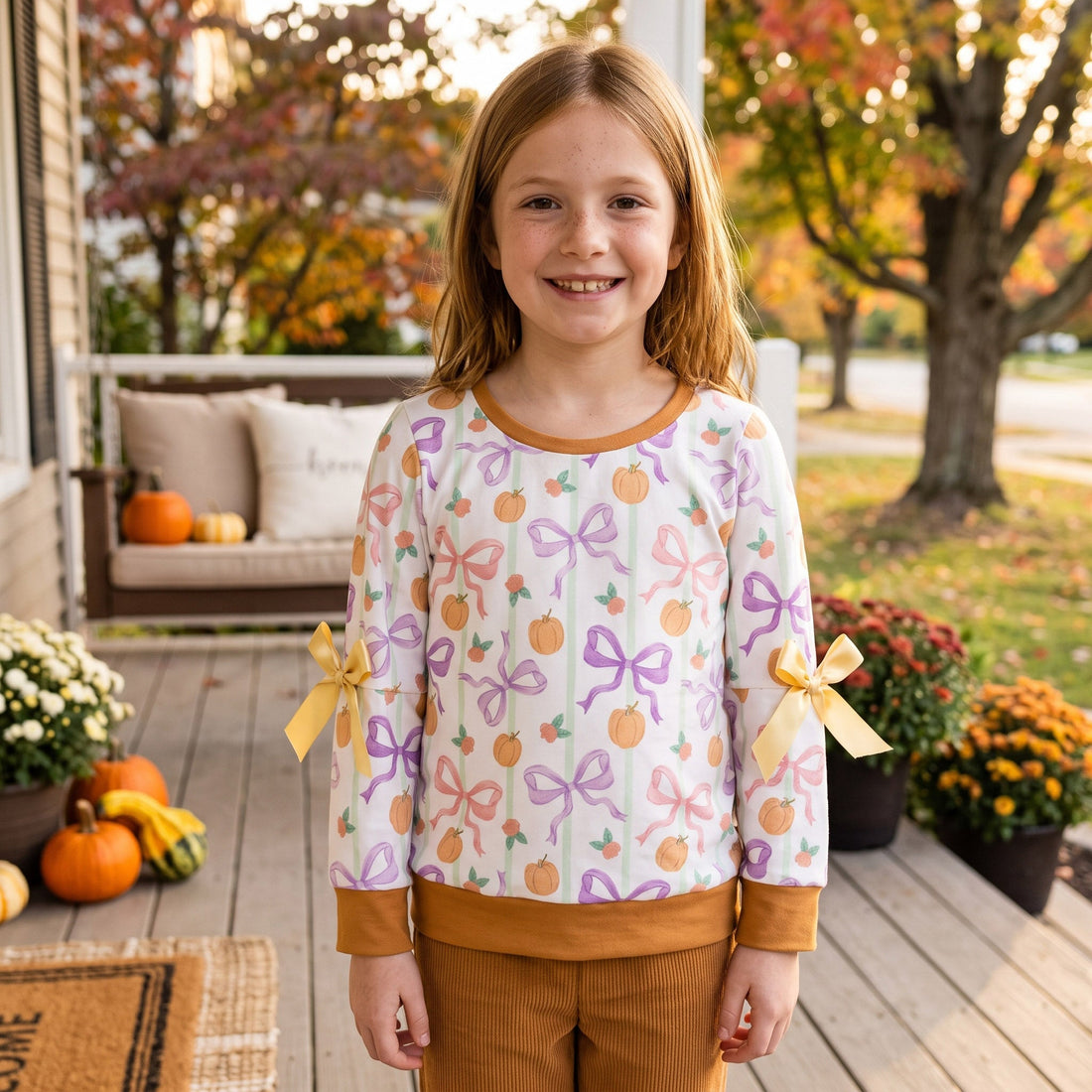 Pink purple bow pumpkin kids girls fall shirt