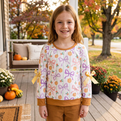 Pink purple bow pumpkin kids girls fall shirt
