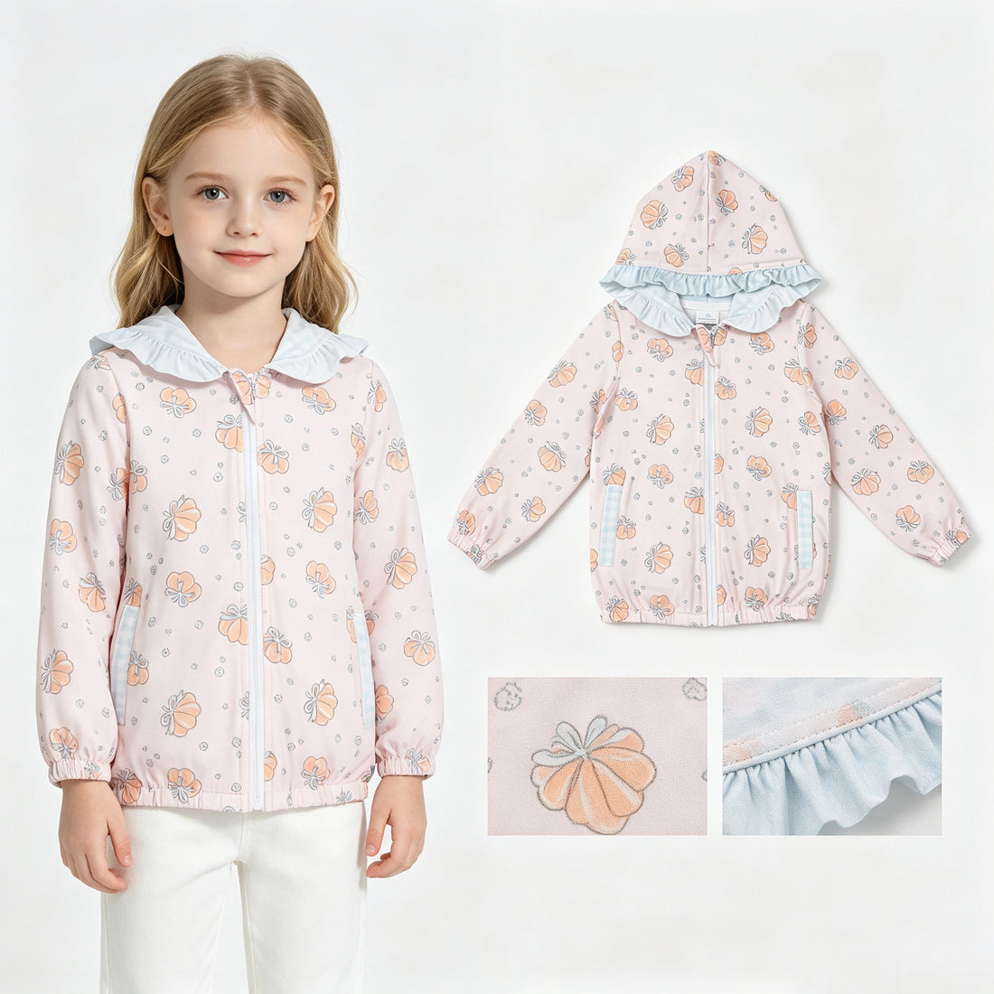 Girls long sleeve hoodie jacket by Mini Rodeo featuring pumpkin bow ruffle details, perfect for fall weather.