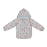 Girls long sleeve pumpkin bow ruffle fall hooded jacket by Mini Rodeo, featuring a cute pumpkin design and ruffle details.