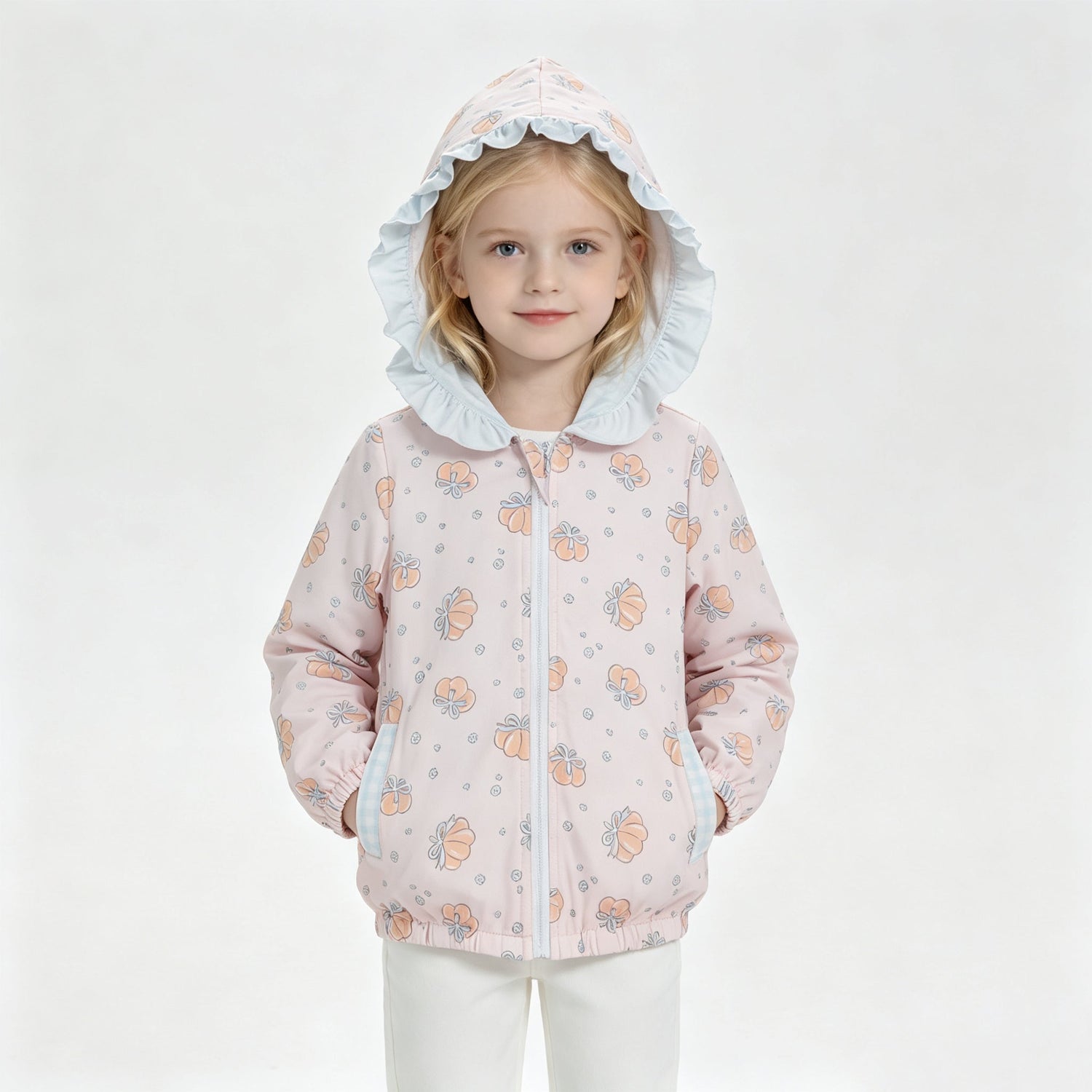 Long sleeves pumpkin bow ruffle girls fall hooded jacket