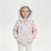 Girls long sleeves pumpkin bow ruffle fall hooded jacket by Mini Rodeo, featuring a cute pumpkin design and ruffle details.