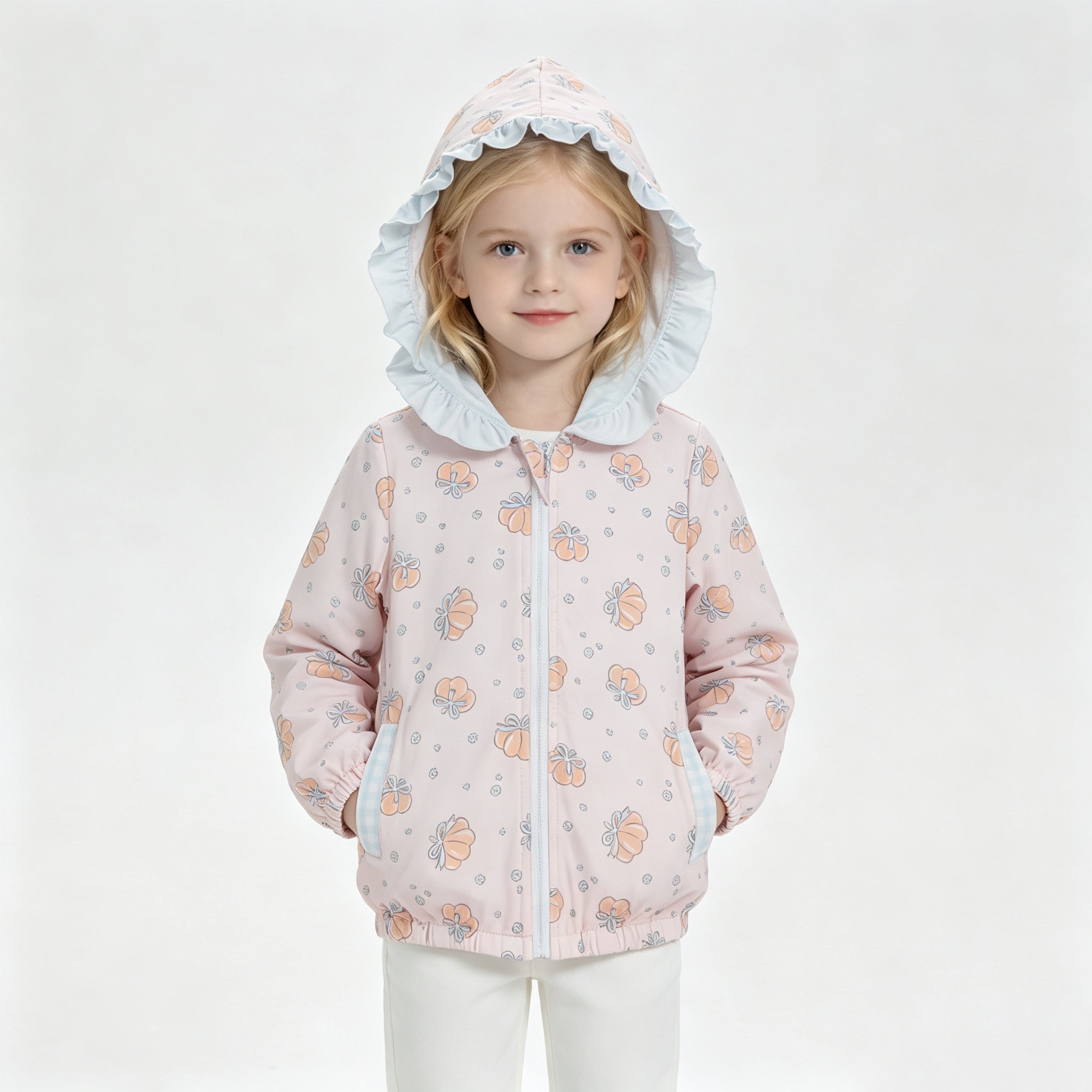 Long sleeves pumpkin bow ruffle girls fall hooded jacket