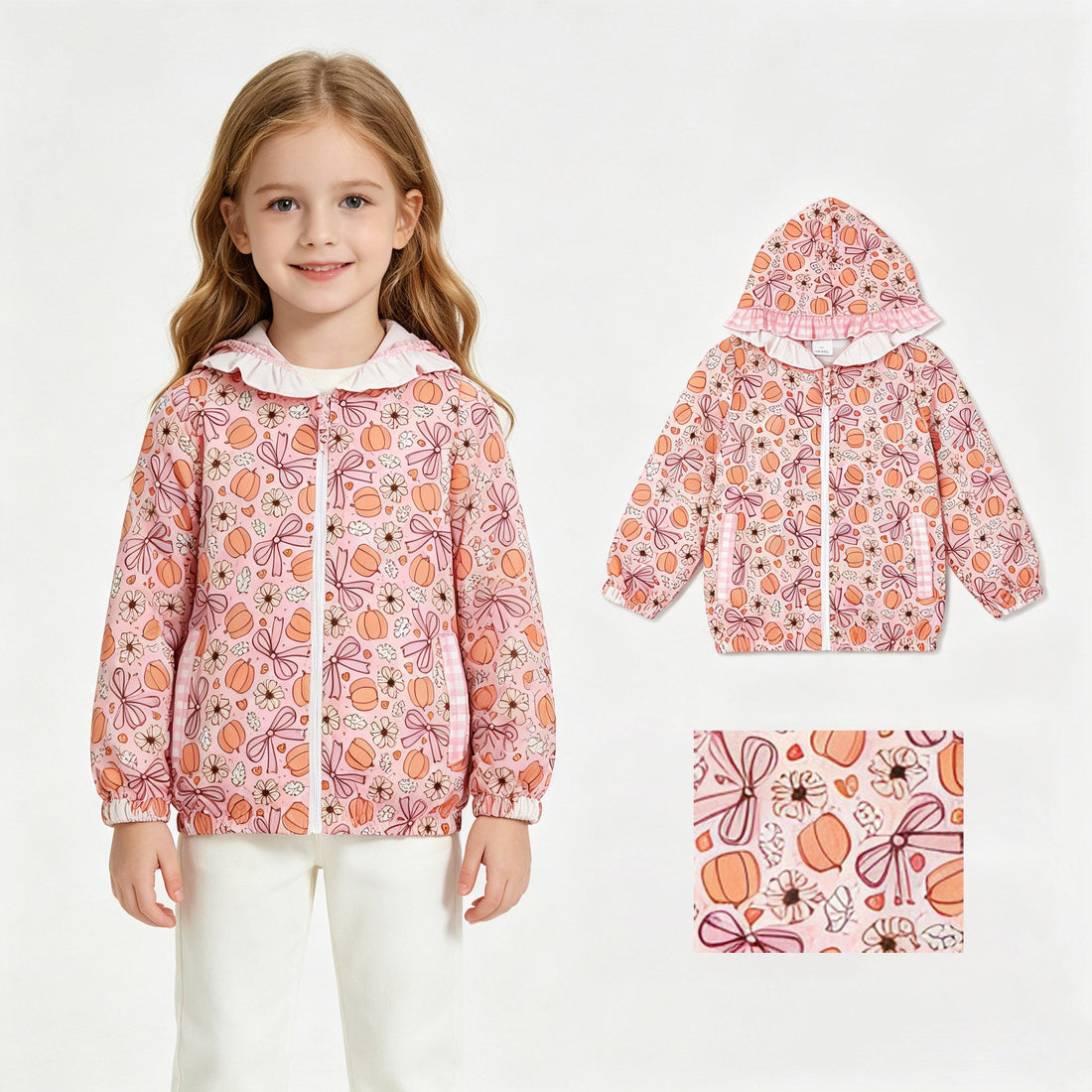 Girls long sleeve hooded jacket with floral pumpkin bow ruffle details from Mini Rodeo, perfect for fall.