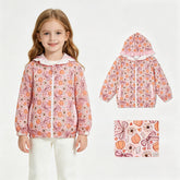 Girls long sleeve hooded jacket with floral pumpkin bow ruffle details from Mini Rodeo, perfect for fall.