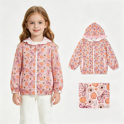 Girls long sleeve hooded jacket with floral pumpkin bow ruffle details from Mini Rodeo, perfect for fall.