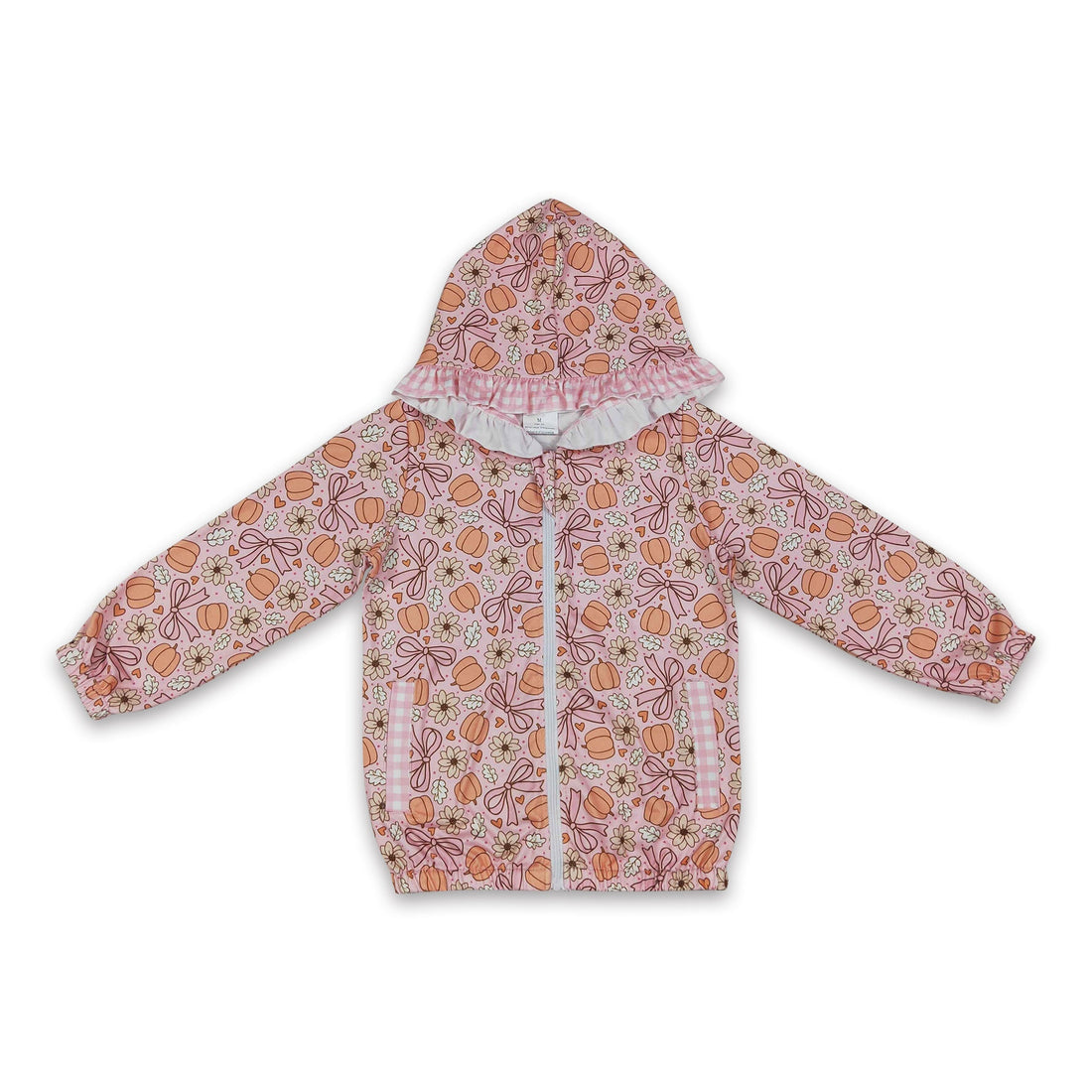 Girls long sleeve hooded jacket by Mini Rodeo featuring a floral pumpkin bow and ruffle details, perfect for fall.