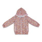 Girls long sleeve hooded jacket by Mini Rodeo featuring a floral pumpkin bow and ruffle details, perfect for fall.