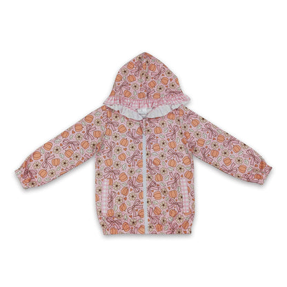 Girls long sleeve hooded jacket by Mini Rodeo featuring a floral pumpkin bow and ruffle details, perfect for fall.