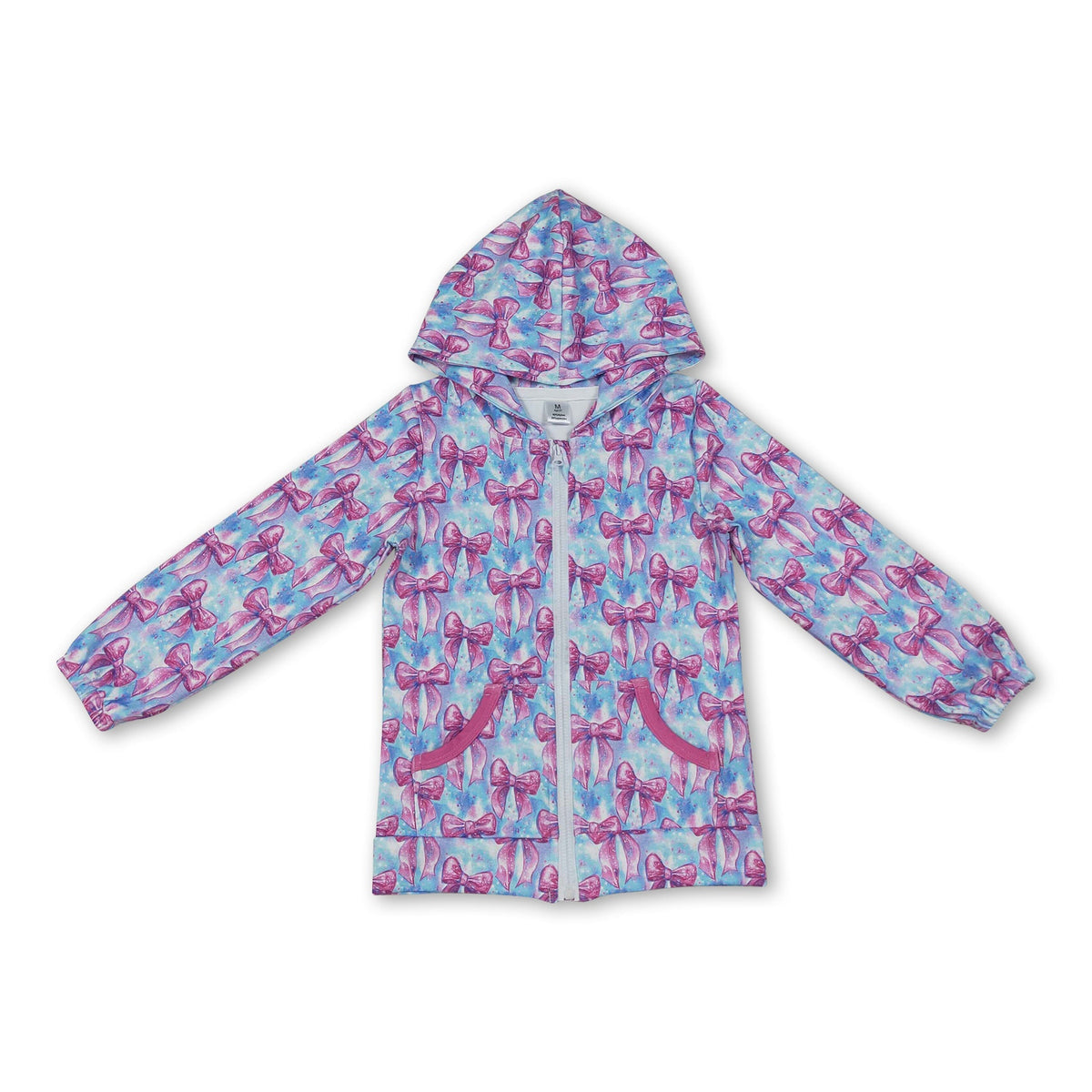 Long sleeves pink bow pocket girls zipper hooded jacket