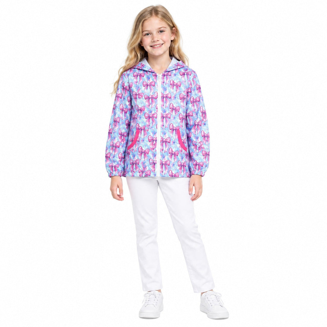 Long sleeves pink bow pocket girls zipper hooded jacket