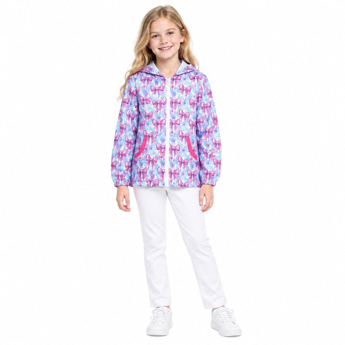 Long sleeves pink bow pocket girls zipper hooded jacket
