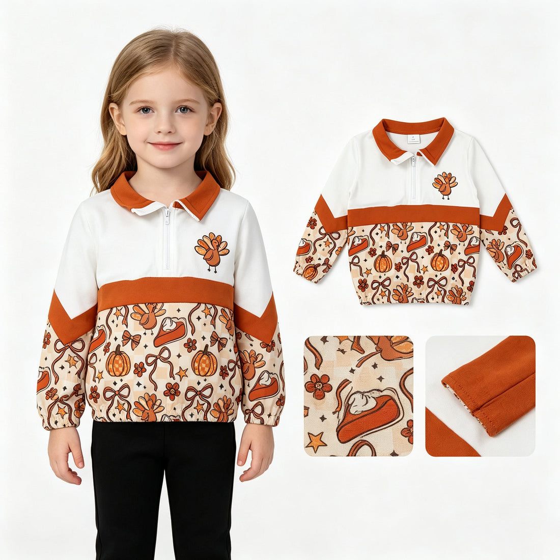 Girls long sleeves pullover from Mini Rodeo featuring a turkey pumpkin pie bow design for Thanksgiving.