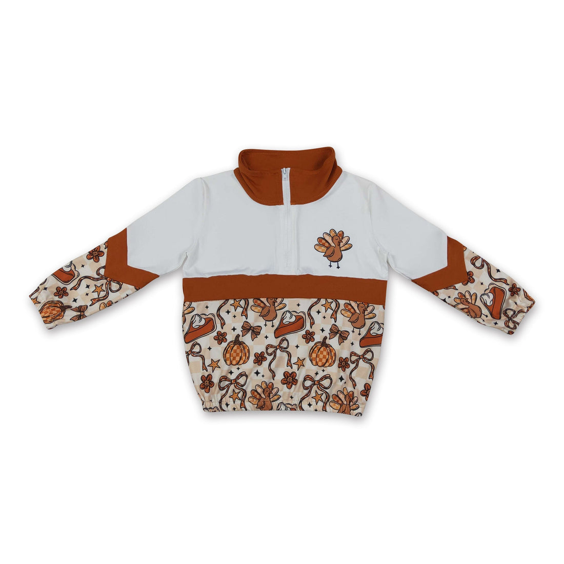 Girls Turkey Pumpkin Pie Bow Thanksgiving pullover by Mini Rodeo, long sleeve top with festive fall design.