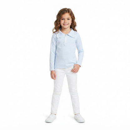 Long sleeves light blue stripe ruffle zipper girls pullover