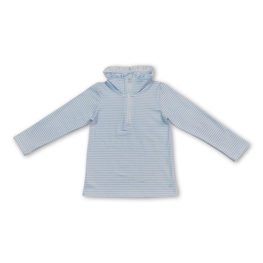 Long sleeves light blue stripe ruffle zipper girls pullover