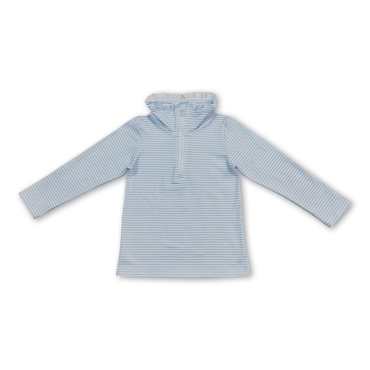 Long sleeves light blue stripe ruffle zipper girls pullover