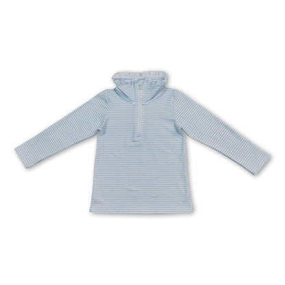 Long sleeves light blue stripe ruffle zipper girls pullover