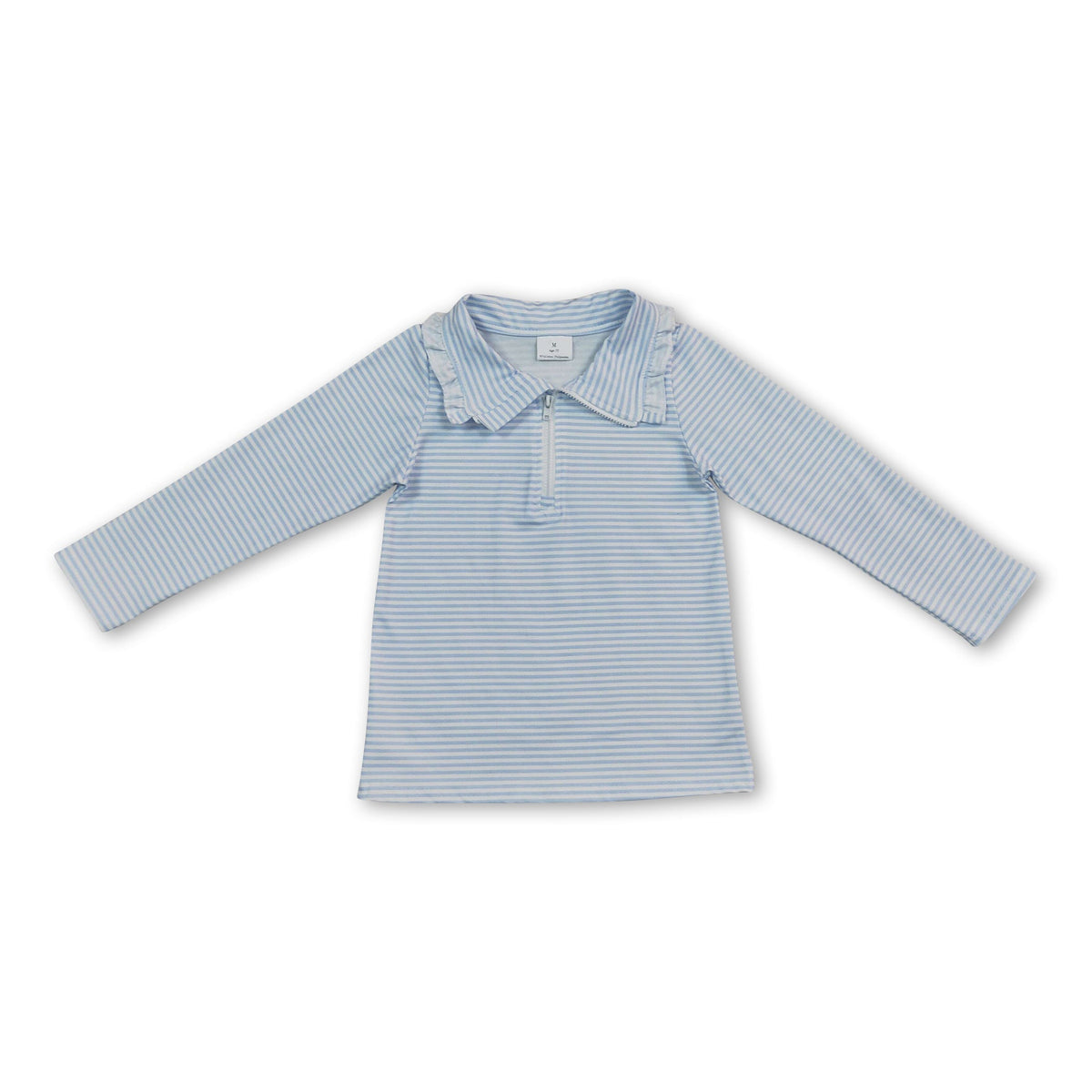 Long sleeves light blue stripe ruffle zipper girls pullover