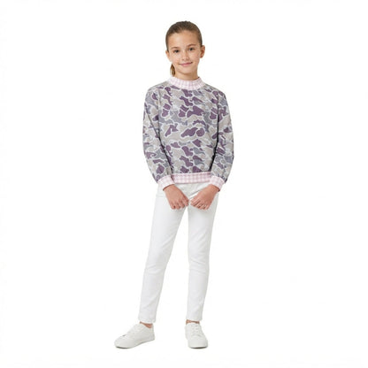 Long sleeves pink plaid mock neck camo kids girls top