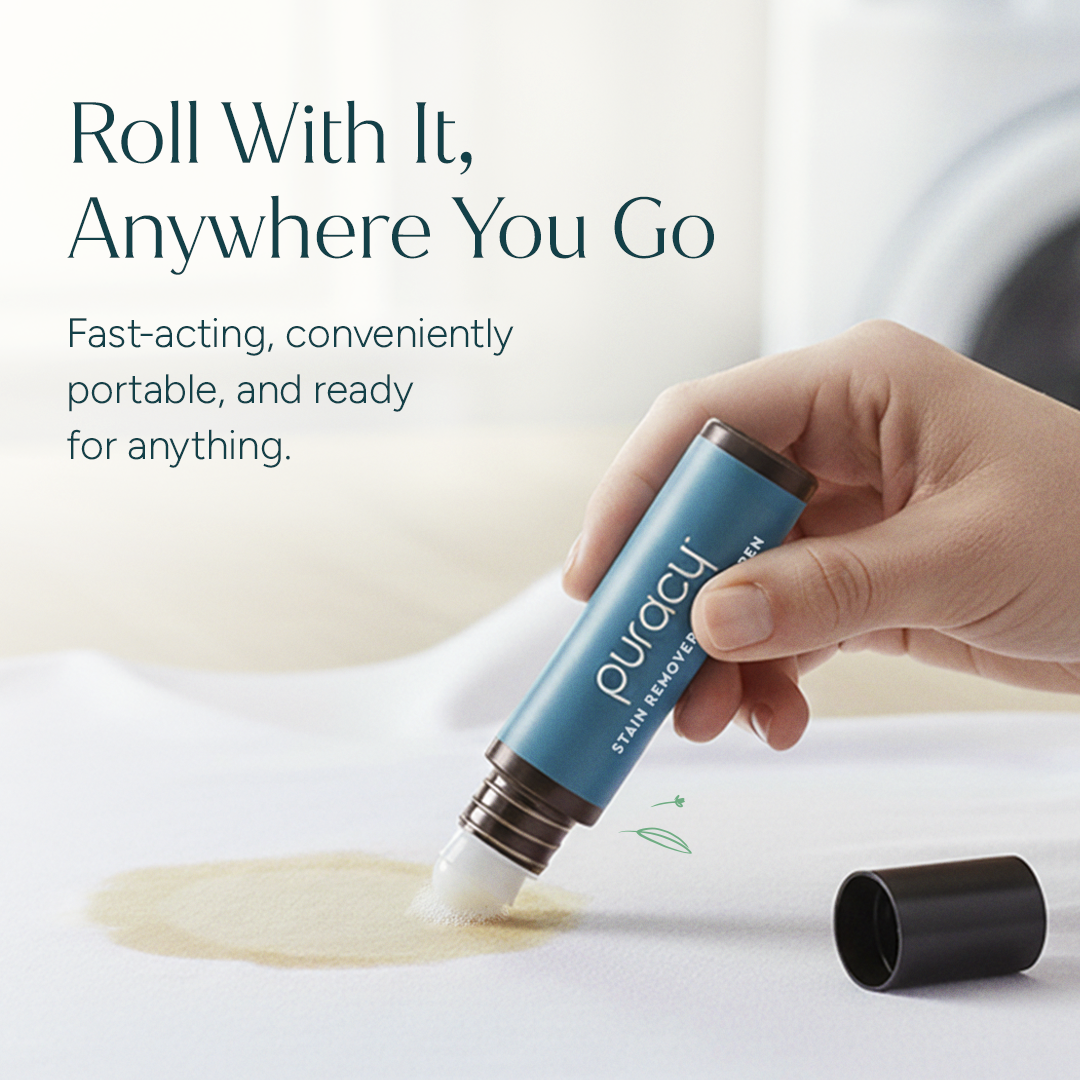 Puracy laundry stain remover bottle with label, showcasing the stain remover product for removing tough stains from clothes.