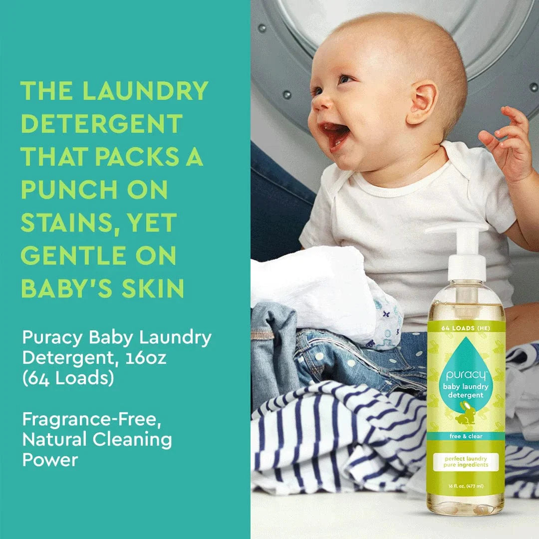 Puracy baby laundry detergent bottle with gentle formula for baby clothes, displayed in a clean, bright setting