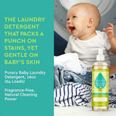 Puracy baby laundry detergent bottle with gentle formula for baby clothes, displayed in a clean, bright setting