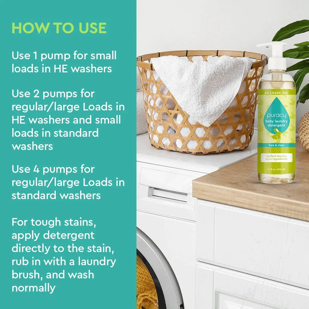 Puracy Baby Laundry Detergent bottle with gentle formula, designed for delicate baby clothes and laundry, shown in the image.