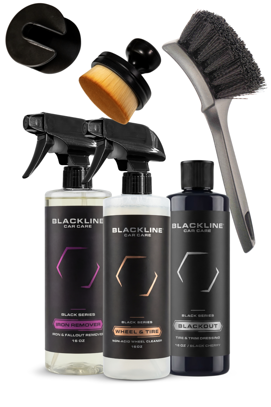 Blackline Car Care BLACKLINE® Blackout trim and tire dressing gel bundle with applicators for vehicle detailing.