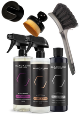 Blackline Car Care BLACKLINE® Blackout trim and tire dressing gel bundle with applicators for vehicle detailing.