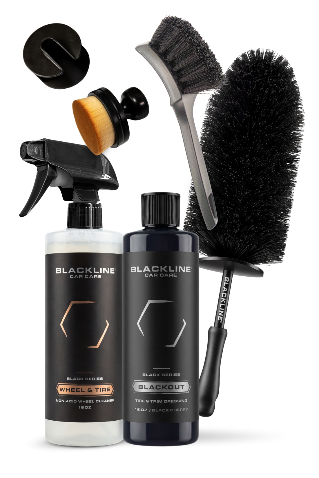 Blackline Car Care BLACKLINE® Blackout trim and tire dressing gel bundle showing sleek black finish on tires and trim.