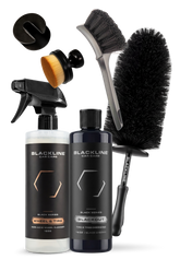 Blackline Car Care BLACKLINE® Blackout trim and tire dressing gel bundle showing sleek black finish on tires and trim.