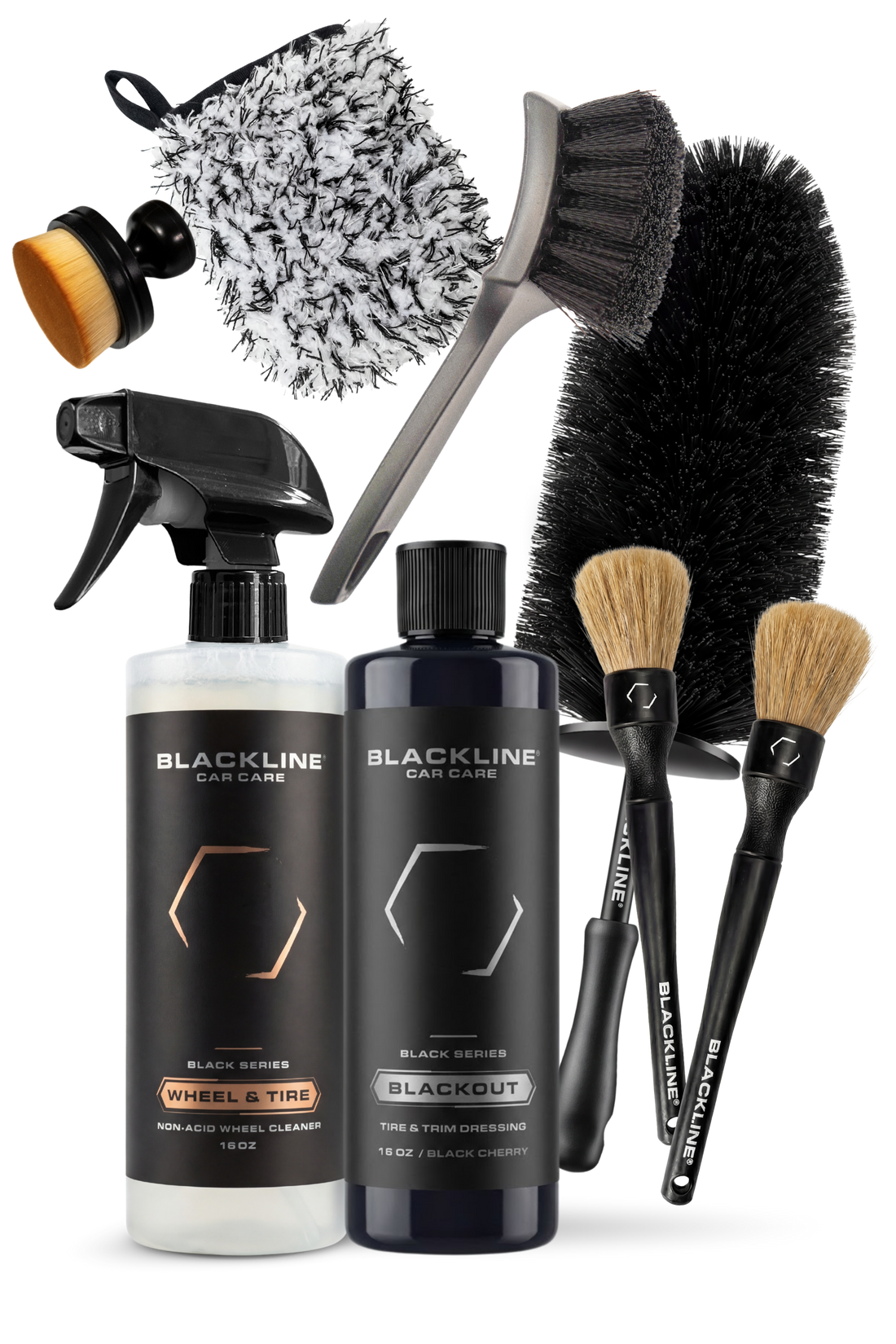 Blackline Car Care BLACKLINE® Blackout Trim and Tire Dressing gel bundle showing black trim and tire dressing application on car tires.