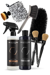 Blackline Car Care BLACKLINE® Blackout Trim and Tire Dressing gel bundle showing black trim and tire dressing application on car tires.