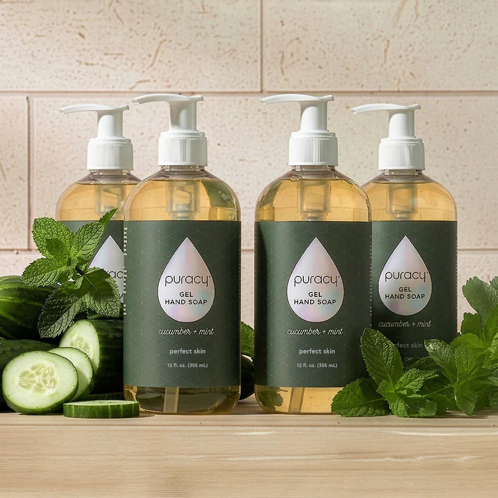 Puracy Gel Hand Soap in a 12oz bottle, with four-pack of natural, moisturizing hand soap for gentle cleansing.