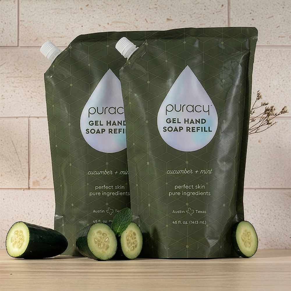 Puracy gel hand soap refill pack showing two 16-ounce bottles with clear gel soap in a natural pump dispenser.