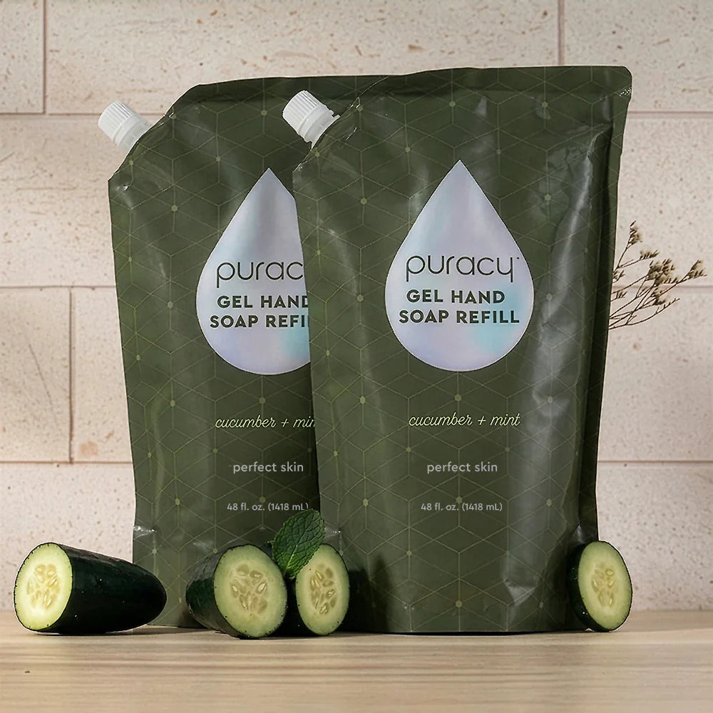 Puracy gel hand soap refill pack featuring two bottles of gentle, moisturizing hand soap in clear gel form.