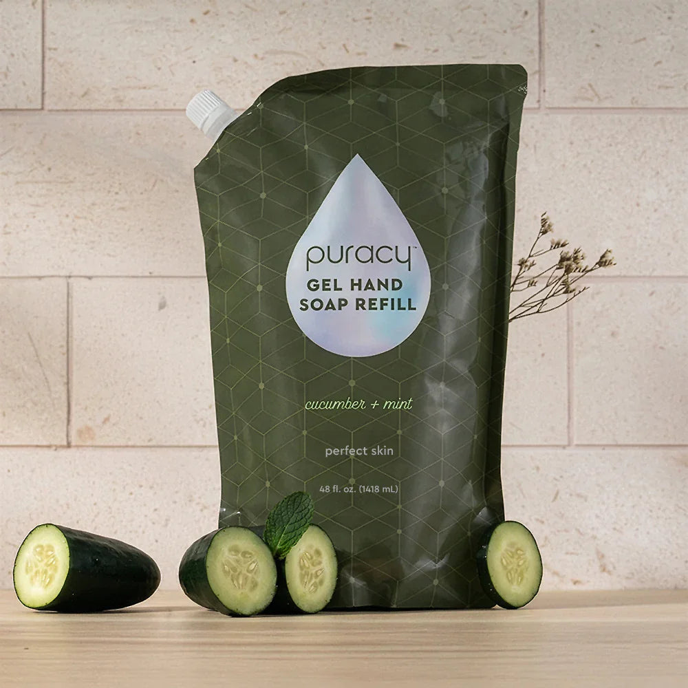 Puracy gel hand soap refill in a bottle, showcasing the smooth, clear gel formula for gentle hand cleansing.
