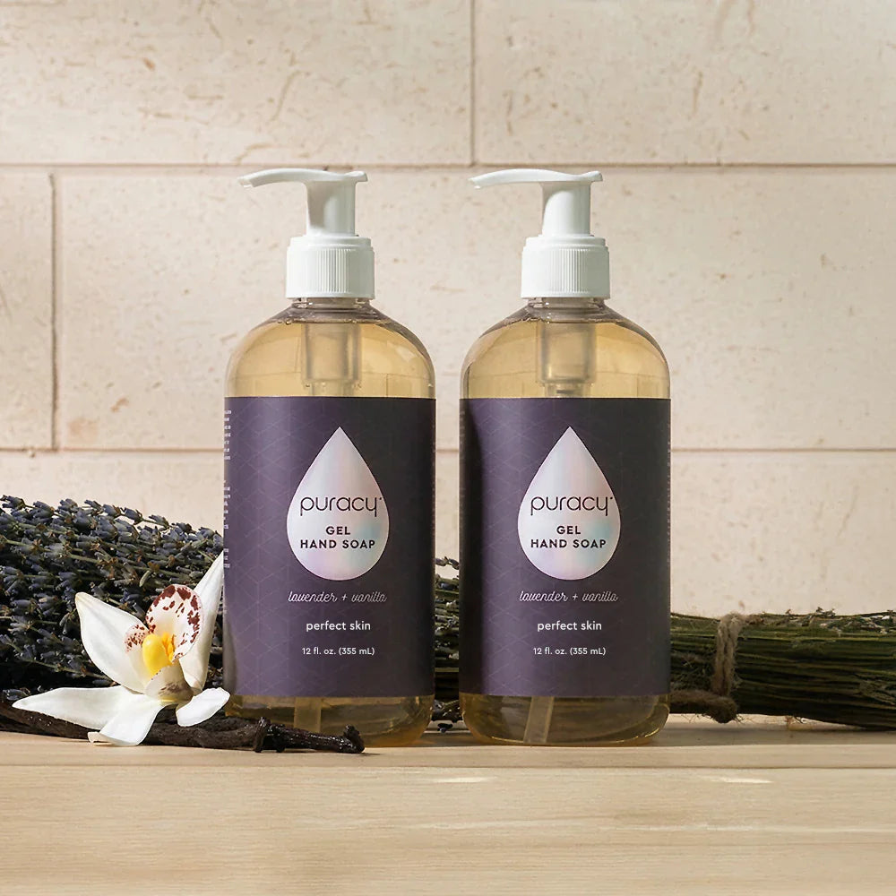 Puracy gel hand soap in a 12oz pump bottle, two-pack with clear gel and label featuring natural ingredients.