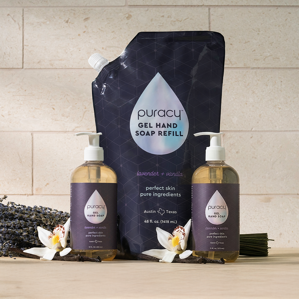Puracy Gel Hand Soap refill pack with two 12oz bottles, clear gel formula in sleek pump bottles for hand cleaning.