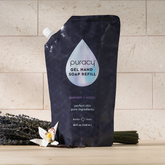Puracy gel hand soap refill bottle with pump, natural cleaning ingredients, and clear label for gentle hand washing.