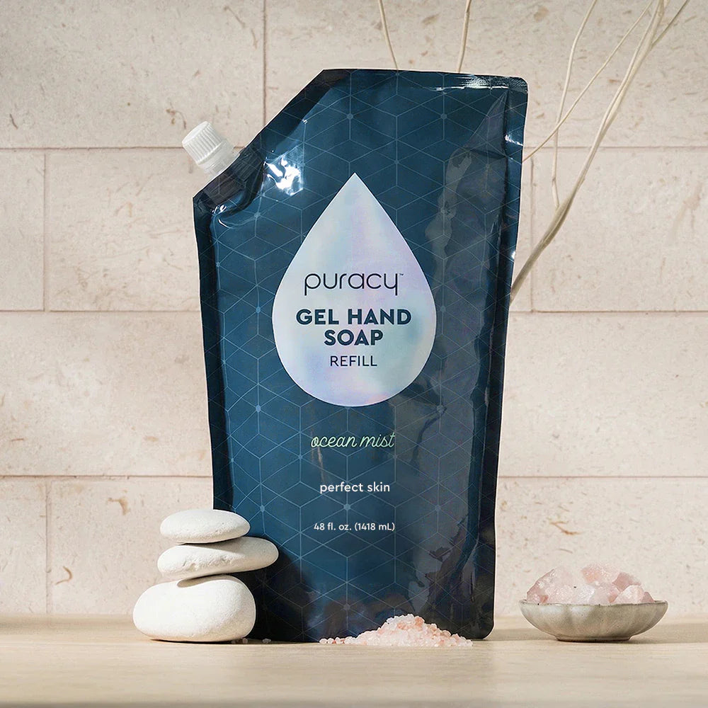Puracy gel hand soap refill bottle with a clear label, designed for easy dispensing and hand cleansing.