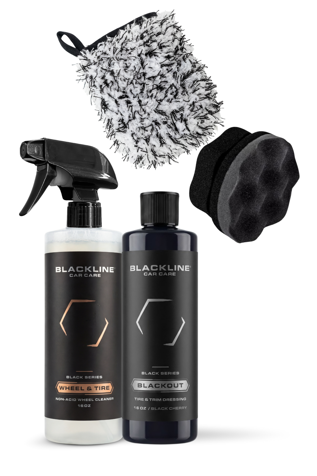 Blackline Car Care BLACKLINE® Blackout Trim and Tire Dressing gel applied on car tires and trim for a sleek, shiny finish.