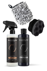 Blackline Car Care BLACKLINE® Blackout Trim and Tire Dressing gel applied on car tires and trim for a sleek, shiny finish.