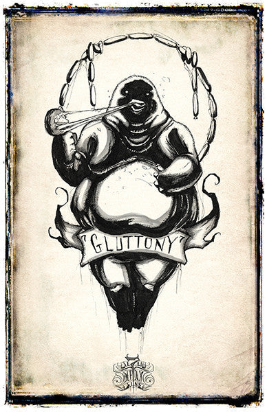 Colorful Gluttony poster print from the Se7en Deadly Sins series by Any Means Necessary Clothing, featuring vivid artwork on 11x17 inch paper.