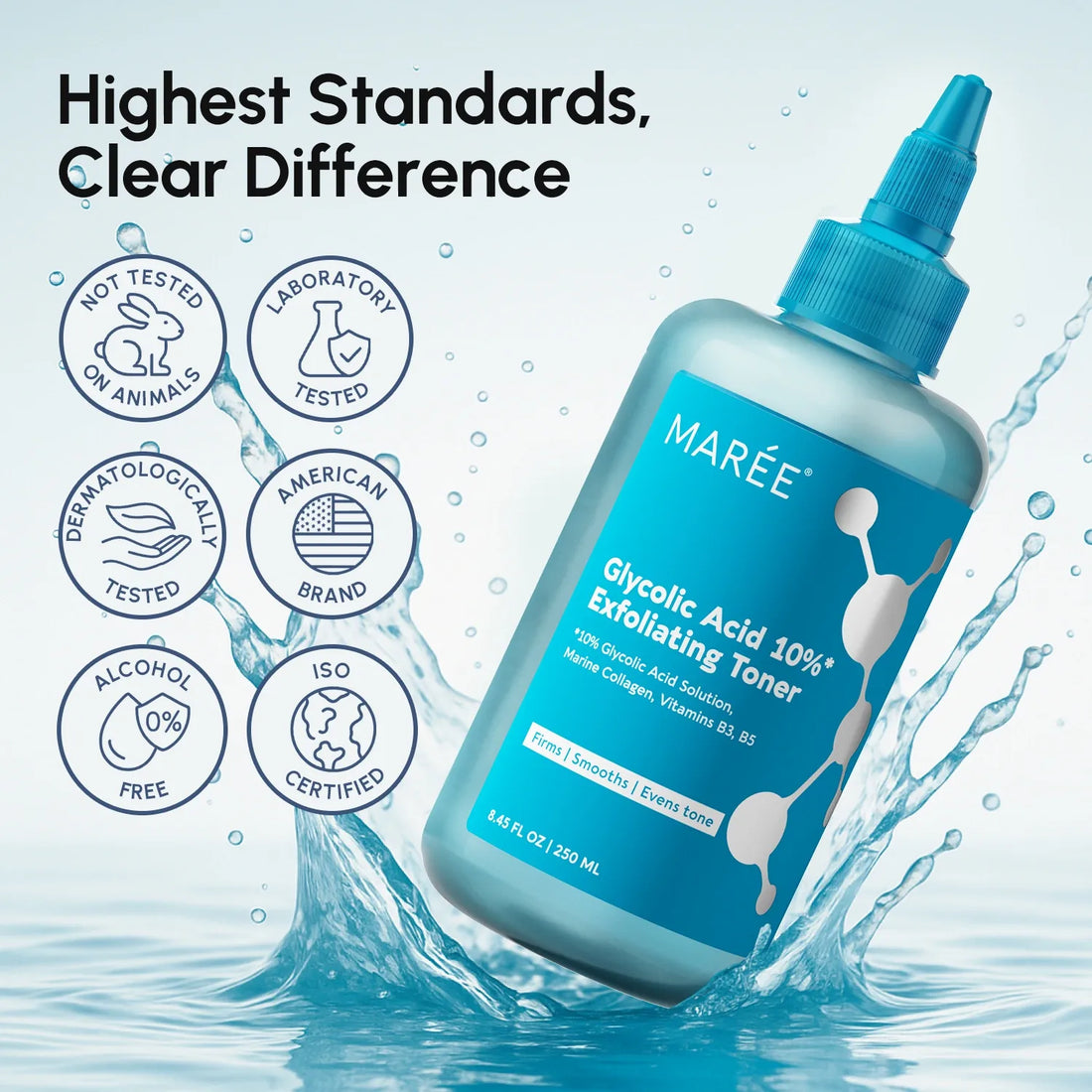 Maree Glow Boost Glycolic Face Toner bottle with clear liquid and minimalist label, designed for exfoliating and brightening skin.