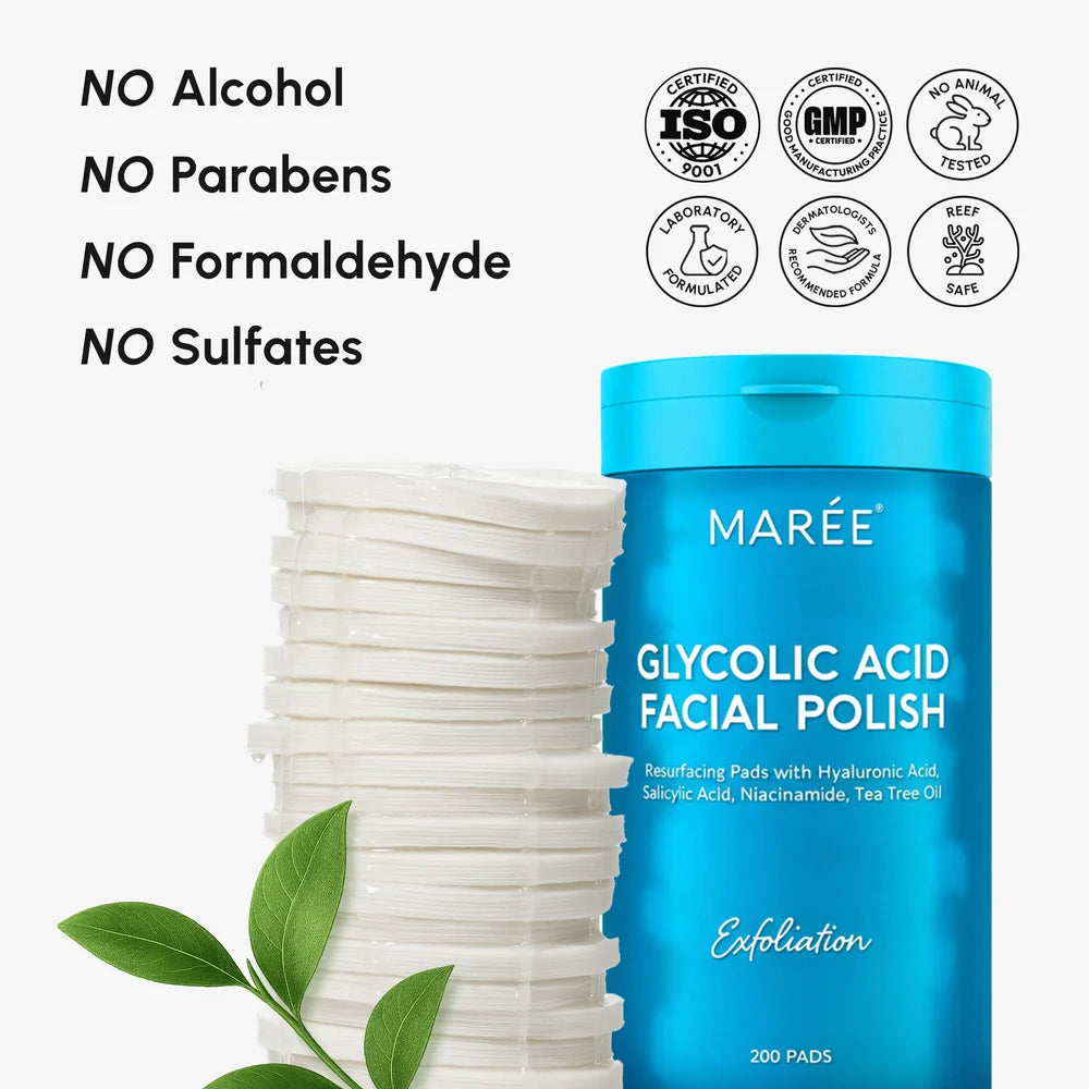Maree Glycolic Acid Pads in a container with 200 pre-soaked exfoliating pads for facial skin care.