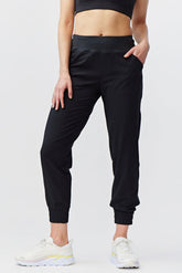 Black Goal Five Excel Jogger 7/8 length training pant with elastic waistband and tapered fit, designed for active wear.
