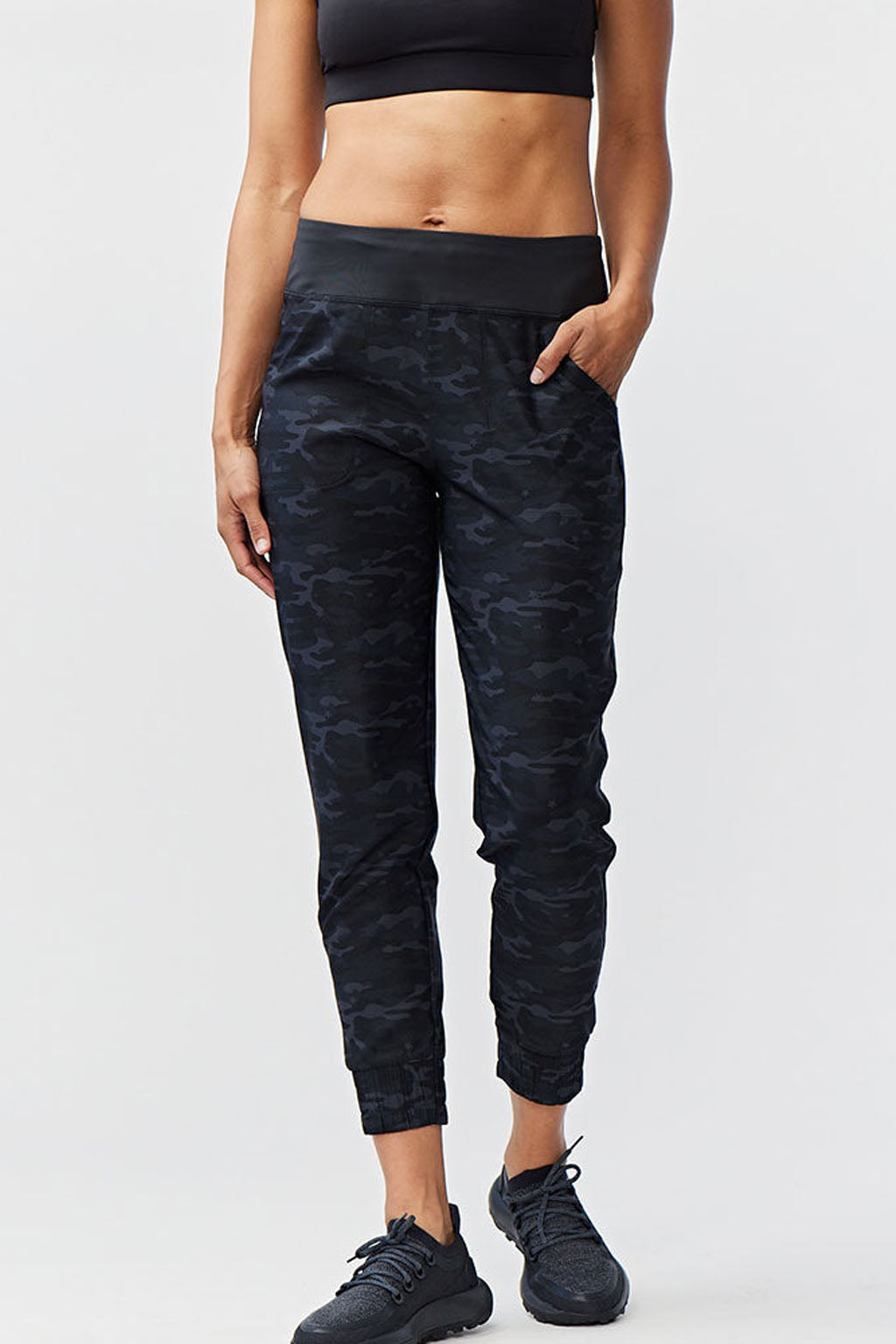 Black camo Goal Five Excel Jogger 7/8 length training pant with tapered fit and elastic waistband.