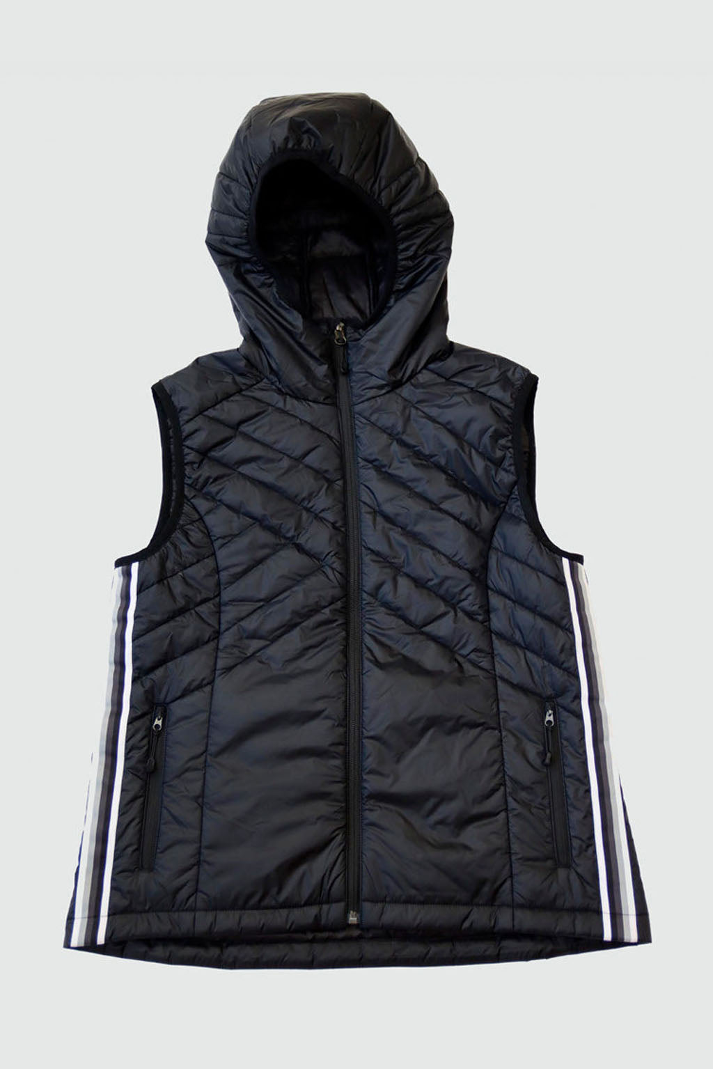Black Powerstripe eco-friendly down hooded vest by Goal Five, shown as a stylish outdoor lifestyle outerwear piece.
